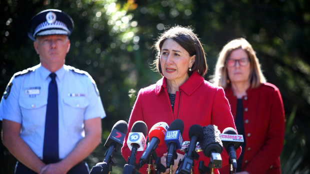 Premier Gladys Berejiklian, with NSW Police Commissioner Mick Fuller and chief health office Kerry Chant, has taken the unprecedented step of closing the NSW-Victoria border.