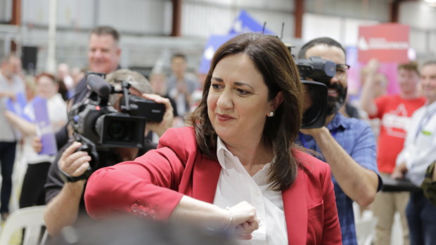 Premier Annastacia Palaszczuk leaves the stage after speaking at Sunday's campaign launch.