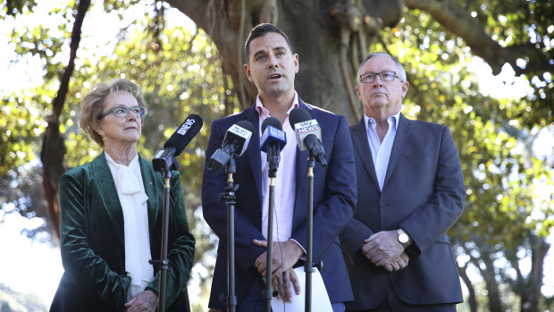 Independent MP Alex Greenwich announces the introduction of the bill, flanked by Wendy McCarthy and NSW Health Minister Bard Hazzard.
