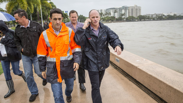 Then-community recovery minister David Crisafulli (left) with then-premier Campbell Newman in Cairns as Cyclone Ita approached in 2014.