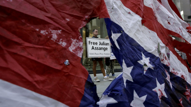 A supporter of WikiLeaks founder Julian Assange during a protest outside the Central Criminal Court in London on September 14.