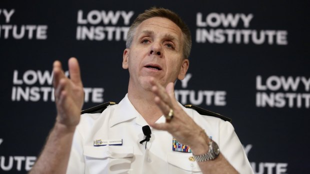 Admiral Philip Davidson, head of the US Indo-Pacific command, speaks at the Lowy Institute in Sydney on Thursday.