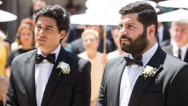 Cristiano Caccamo (left) as Antonio and Salvatore Esposito as Paolo say "I do" in My Big Gay Italian Wedding.