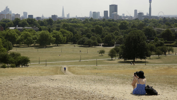 A view from Primrose Hill shows burnt grass from the lack of rain during what has been the driest summer for many years in London.