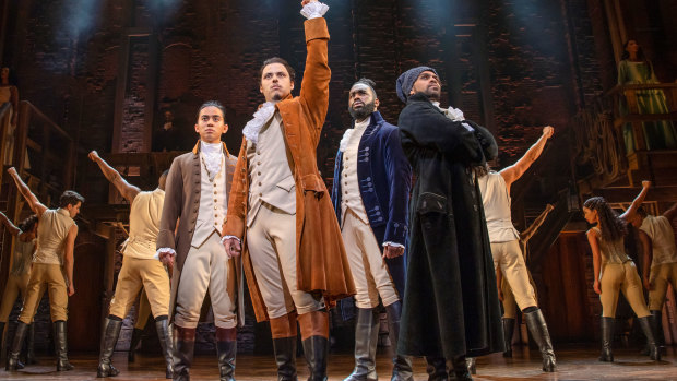 Hamilton’s leading men: (left to right), Marty Alix as John Laurens; Jason Arrow as Alexander Hamilton; Victory Ndukwe as the Marquis de Lafayette;  Shaka Cook as Hercules Mulligan.