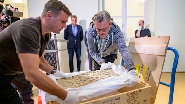 The stolen marble panel, C3733, was returned to Afghan officials in Germany before being repatriated.