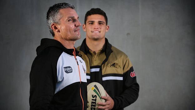 Family affair: Ivan and Nathan Cleary pose for photos ahead of their first match-up as father and son back in 2017.