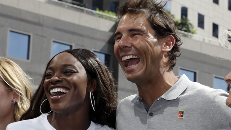 All smiles: Defending US Open champions Sloane Stephens and Rafael Nadal.