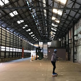 Jessie Tu skateboarding at the Carriageworks.