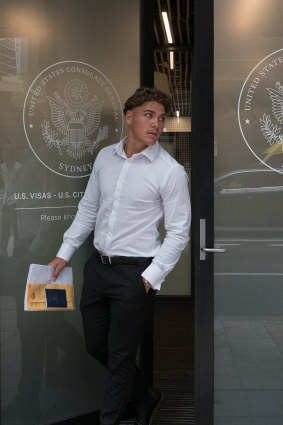 Reece Walsh departs the US consulate after his interview on Wednesday.