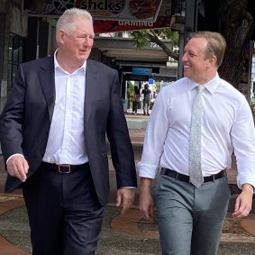 Deputy Premier Steven Miles and Peter Priest, managing director of Trenert, which has announced a $1.2 billion five-tower project for Woolloongabba.