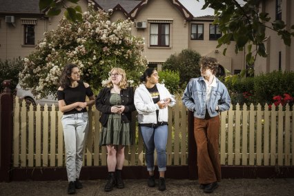 Old school:  IB students Alexandra Krilis, Grace Heywood, Mansimer Kaur Gujral and Macklin Spicer outside the former Colmont School that closed in July.