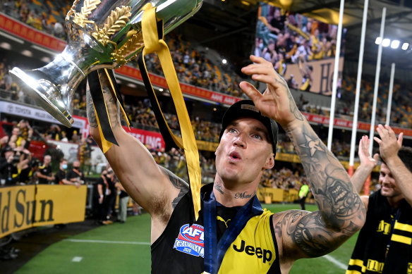 Dustin Martin celebrates the Tigers' premiership.