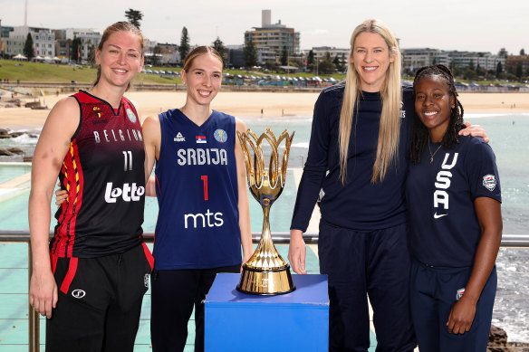 Emma Meesseman (Belgium), Ivana Raca (Serbia), Lauren Jackson (Australia) and Ariel Atkins (USA) at the World Cup launch.