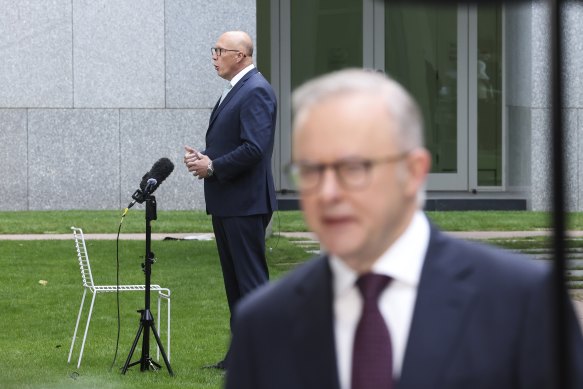 Anthony Albanese and Peter Dutton doing live TV crosses from Canberra on Wednesday.