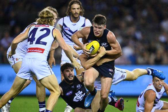 The Blues’ Sam Walsh on the move.