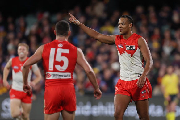 Joel Amartey of the Swans celebrates his 9th goal against Adelaide Crows and the Sydney Swans.