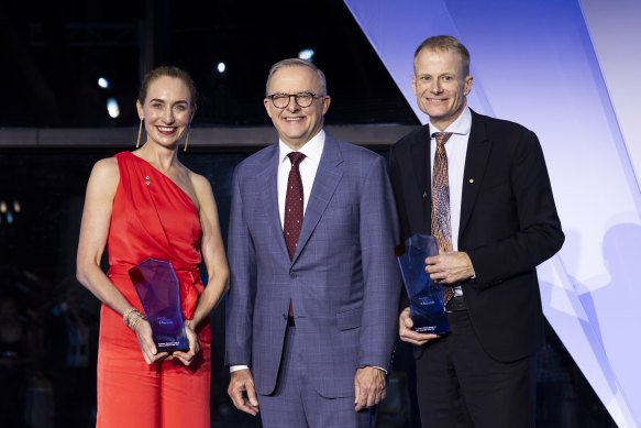 Australians of the Year and melanoma treatment pioneers Georgina Long and Richard Scolyer with Prime Minister Anthony Albanese (centre) in January.