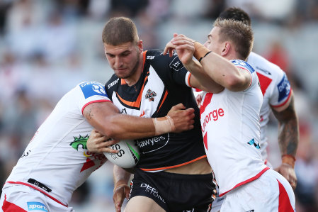 The Wests Tigers five-eighth carts it up against St George Illawarra last Sunday.