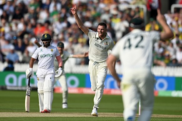 Australia’s Josh Hazlewood celebrates dismissing South Africa’s Tristan Stubbs on day one of the ICC World Test Championship final at Lord’s.
