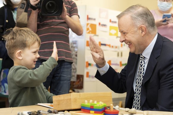 Opposition Leader Anthony Albanese meets with children and early childhood educators during a visit to the Goodstart Early Learning Centre in Kalamunda, WA on Monday.