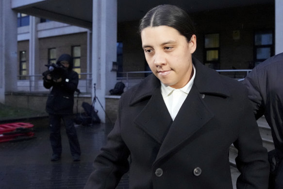 Matildas captain and Chelsea striker Sam Kerr leaves Kingston Crown Court in London.
