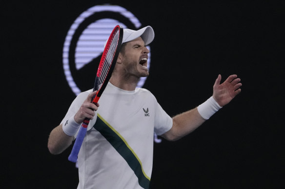 Andy Murray takes in the moment after winning the second set.