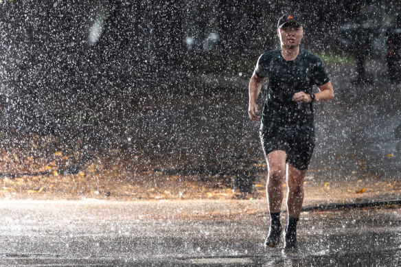 A jogger braves the rain in Melbourne’s Royal Botanic Gardens on Tuesday.
