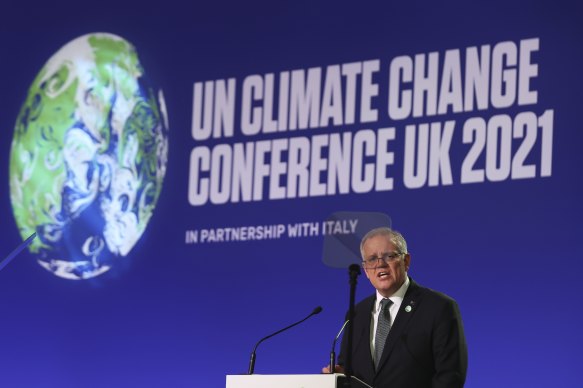 Scott Morrison delivers a statement to the Glasgow climate summit on Monday. 