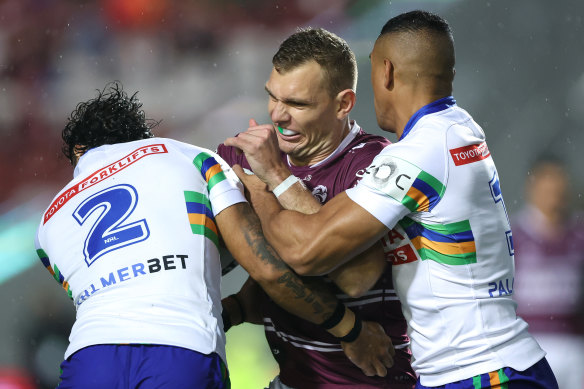 Tom Trbojevic hits the Raiders’ line at Brookvale.