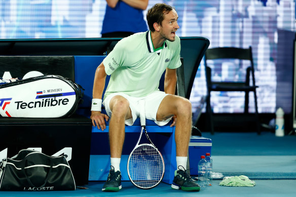 An emotional Daniil Medvedev makes his feelings known to the chair umpire.