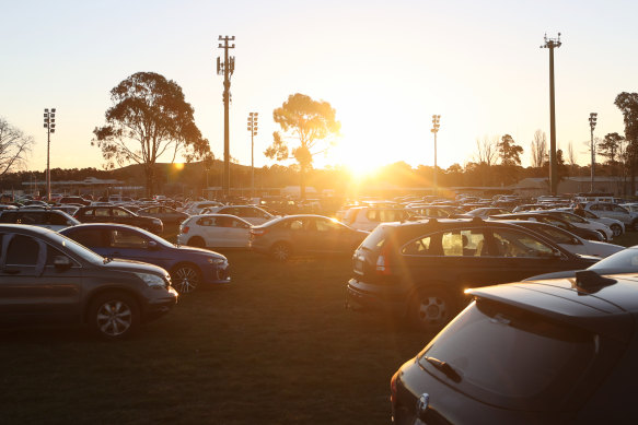 COVID testing queue at Exhibition Park in Canberra.