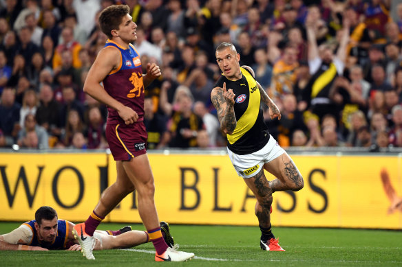 Dustin Martin of the Tigers reacts after kicking his first goal against the Lions during the Second Qualifying Final.