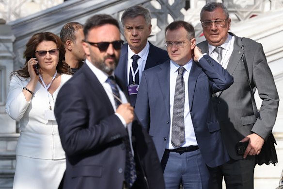 Putin aide Vladimir Medinsky (2nd from right) accused Ukraine of putting on “a show for European tender-hearted aunties”.
