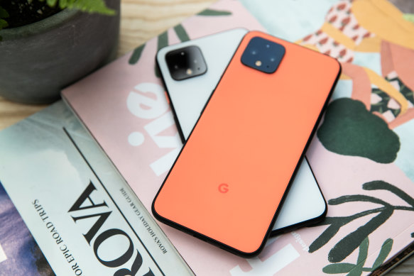 The white and orange versions of the Pixel 4 and Pixel 4 XL stand out with black accents.
