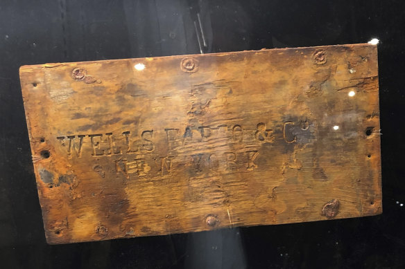 A lid to a Wells Fargo treasure shipment box, recovered from the fabled “Ship of Gold” the SS Central America that sank in 1857. It was sold at auction for $US99,600 by Holabird Western Americana Collections in Reno, Nevada on December 3. 