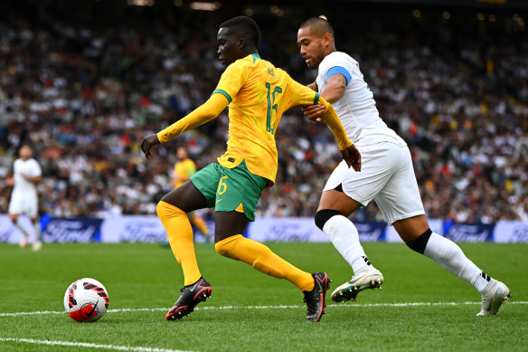 Garang Kuol impressed for the Socceroos against New Zealand.