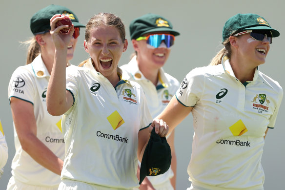 Australia’s Darcie Brown celebrates after taking 5-21 on day one of the Test against South Africa.