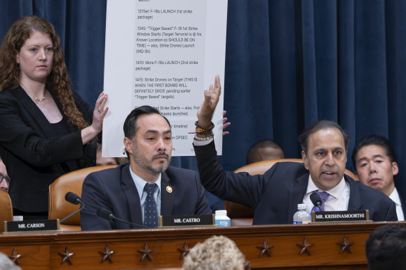 Democrats held up enlarged copies of Pete Hegseth’s messages to the Signal group at a committee hearing.
