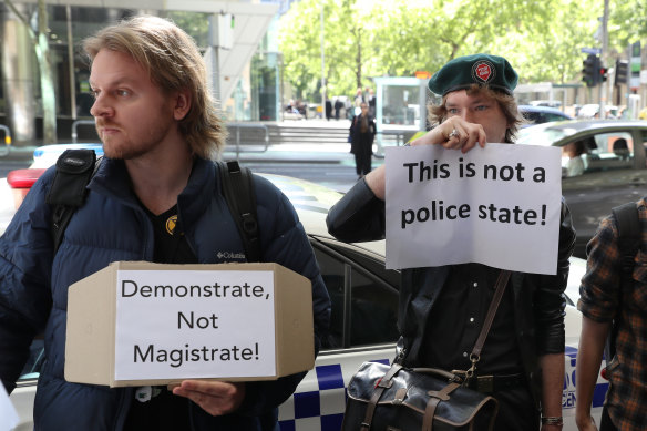 Protesters outside Melbourne Magistrates Court on Monday morning.