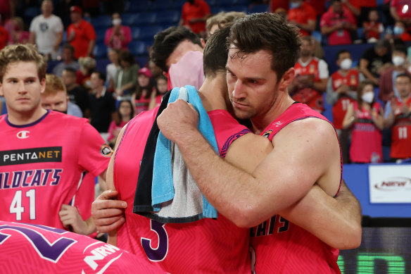 Kevin White and Mitch Norton of the Wildcats take in the loss to South East Melbourne Phoenix.