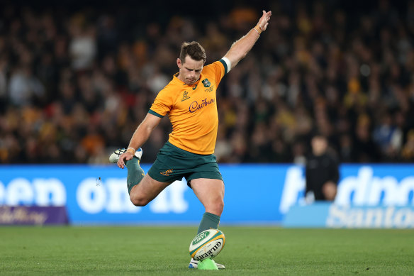 Bernard Foley kicks for goal in the Bledisloe Cup opener in Melbourne.