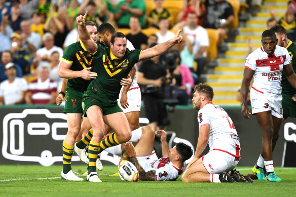 Australia's Boyd Cordner celebrates a try against England in the 2017 World Cup.