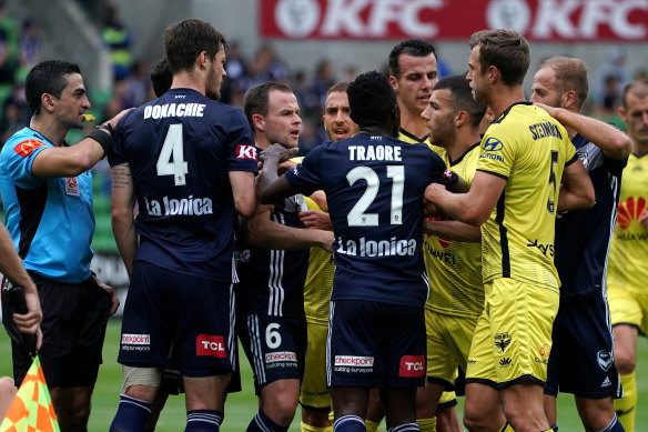 Scuffle: Victory's meet with Wellington was a heated encounter. 