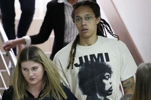 WNBA star and two-time Olympic gold medallist Brittney Griner is escorted to a courtroom for a hearing, in Khimki just outside Moscow, Russia, on Friday.