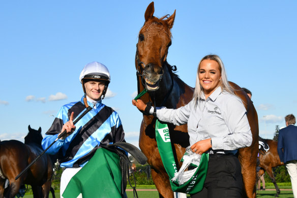 Smokin’ Romans with jockey Ethan Brown (left) after the Turnbull Stakes win.