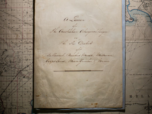 The cover of William Thomas’ 1862  ‘A Lexicon of the Australian Aboriginal Tongue’ from the State Library of Victoria.