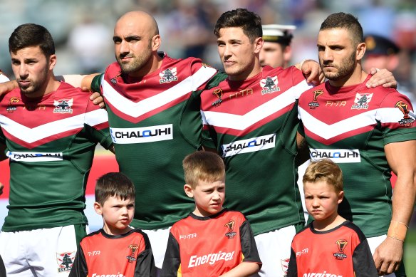 Tim Mannah, Mitchell Moses and Robbie Farah playing for Lebanon at the 2017 World Cup.