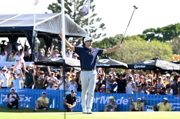 Adam Scott celebrates his only birdie of the second round on the party hole 17th in the Australian PGA Championship of 2022.