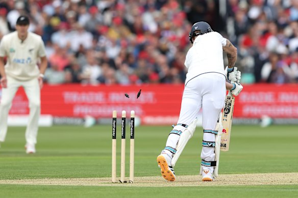 Ben Stokes is bowled by Nathan Smith during the first Test.